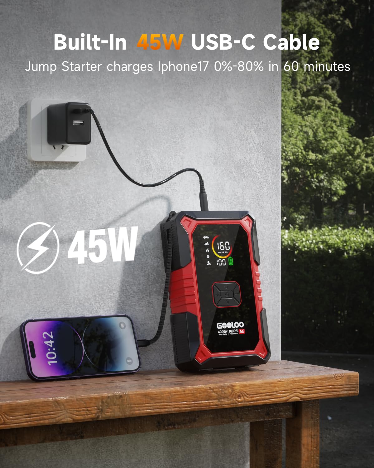 GOOLOO A5 Jump Starter with Air Compressor, 4000A Car Battery Jump Starter (All Gas/10.0L Diesel) with 160PSI Tire Inflator Auto-Off, 45W PD Fast Charging, 12V Jump Box Car Jumper Starter Portable