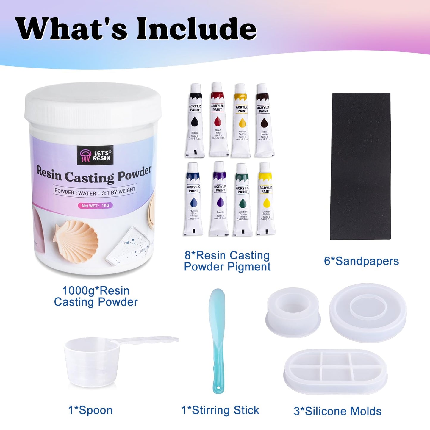 LET'S RESIN Resin Casting Powders Starter Kit, 1000g Fast Cured Odorless Casting Powder, 20~30 Minutes De-Mold, Water Activated Plaster Powder Casting Kit for DIY, Easy Mixing & Self Leveling