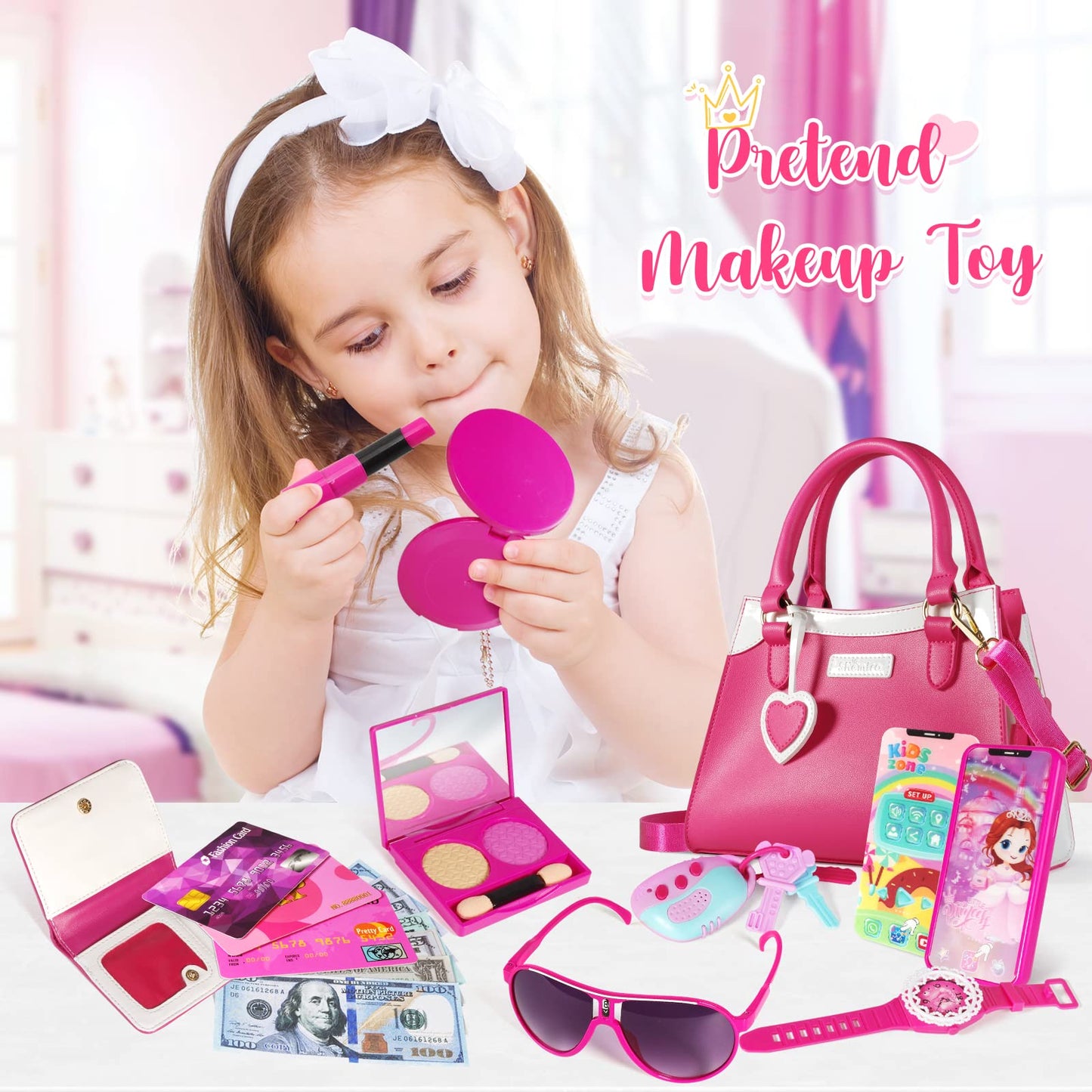 Shemira Play Purse for Little Girls, Princess Pretend Toys for Girls 3 4 5 6 7 8 Years Old, Christmas & Birthday Gift for Kids Age 3-5 4-6 6-8, Toddler Purse with Accessories, Kids Toy Purse,Pink