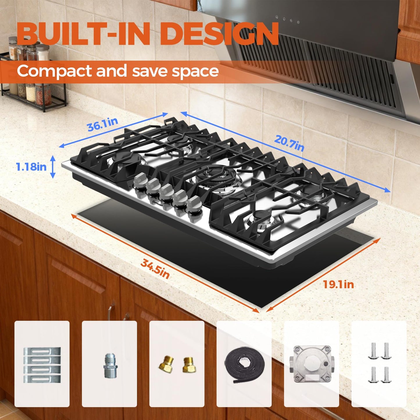 TOPWISH 12 Inch Gas Cooktop, LPG/NG Convertible Built-in Gas Stove Top with 2 Burners 18000BTU, 304 Stainless Steel 2 Burner Propane Stove, Propane Stovetop Thermocouple Protect for Apartments, Rvs