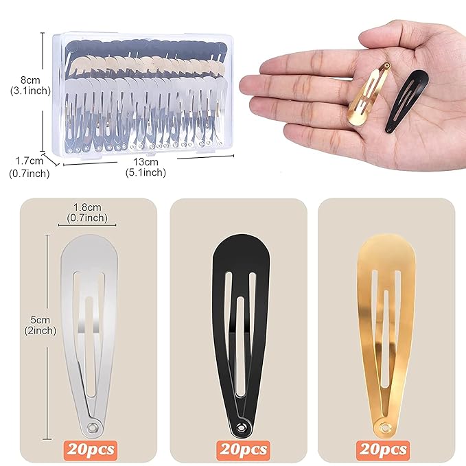 60 Pcs Snap Hair Clips with Storage Box, 2 Inch No Slip Metal Hair Clips Barrettes for Styling, Hair Pins Accessories for Toddlers, Girls, Kids, Teens, Women(Gold, Silver, Black)