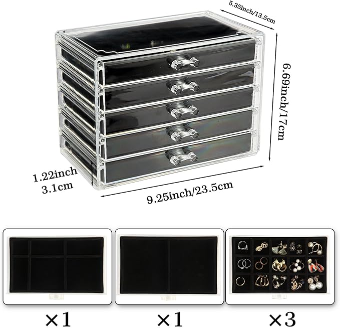 5 Drawers Clear Jewelry Box for Women and Girls, Acrylic Earring Holder Organizer Ring Holder Display Storage, Black