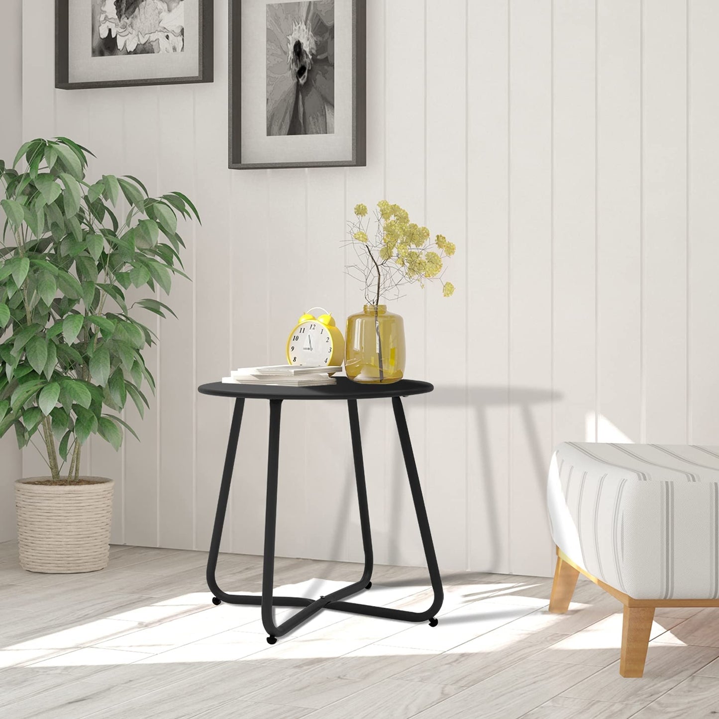Meluvici Patio Small Side Table Waterproof Round Metal Steel Weather Resistant Portable Outdoor and Indoor End Table for Garden Balcony Yard, Black