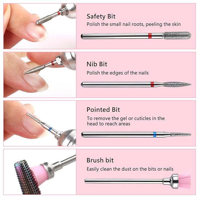 BQAN Nail Drill Bits Set, 7pcs Tungsten Carbide Diamond Drill Bits for Nail Tech, Remove Acrylic Gel Polish Cuticle, Manicure Pedicure Tools