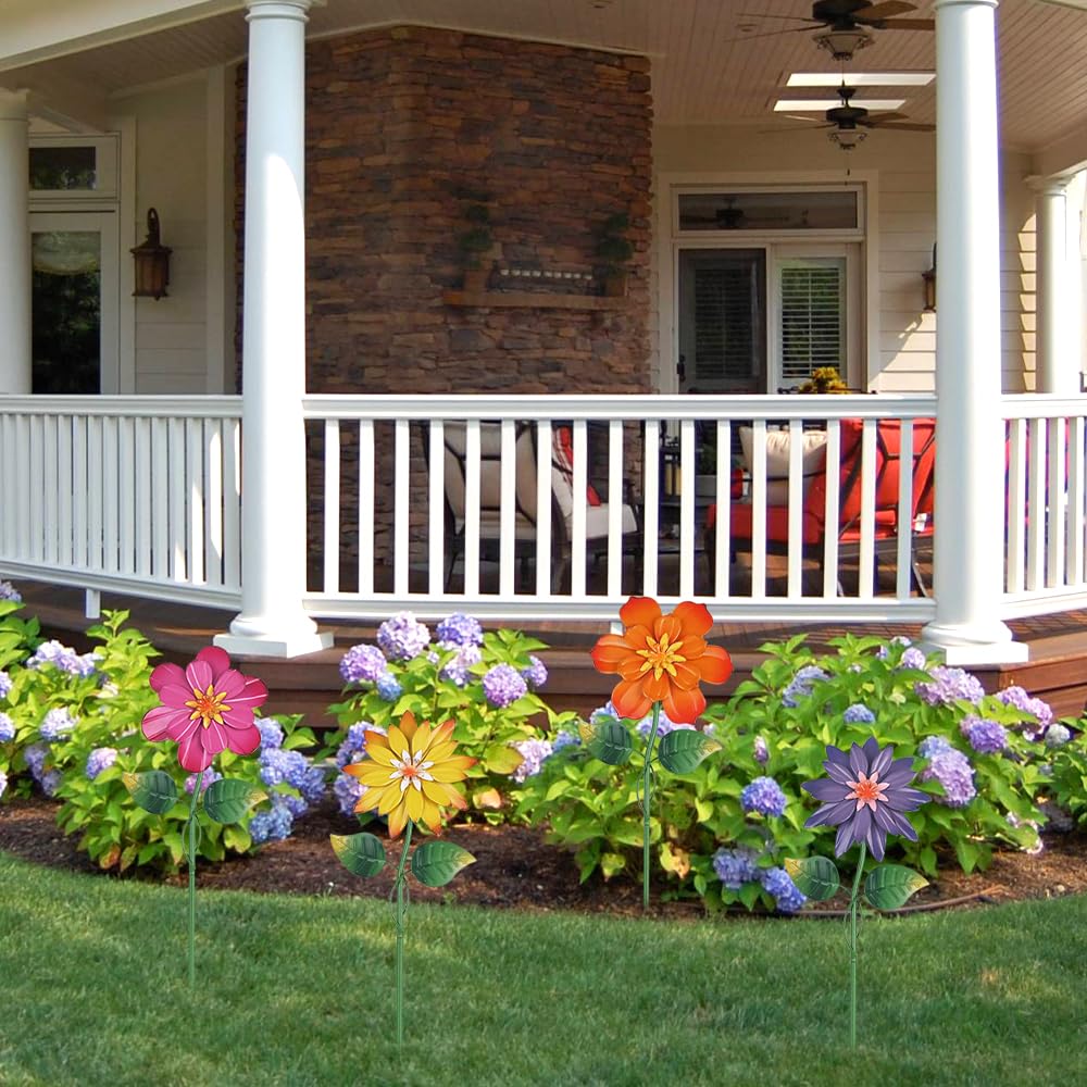 hogardeck Metal Flower Decorative Garden Stakes,4 Pcs 19" Outdoor Garden Decor with Shaking Flower Head Yard Stakes, Yard Art Spring Decorations for Patio Lawn (Pink & Yellow & Purple & Orange)