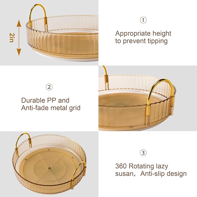 YCIA&DONE 360 Rotating Makeup Organizer and Storage for Vanity Countertop 2 Tiers, High Capacity Cosmetic Skincare Perfume Organizers for Dresser Bathroom Lazy Susan (Amber Gold)