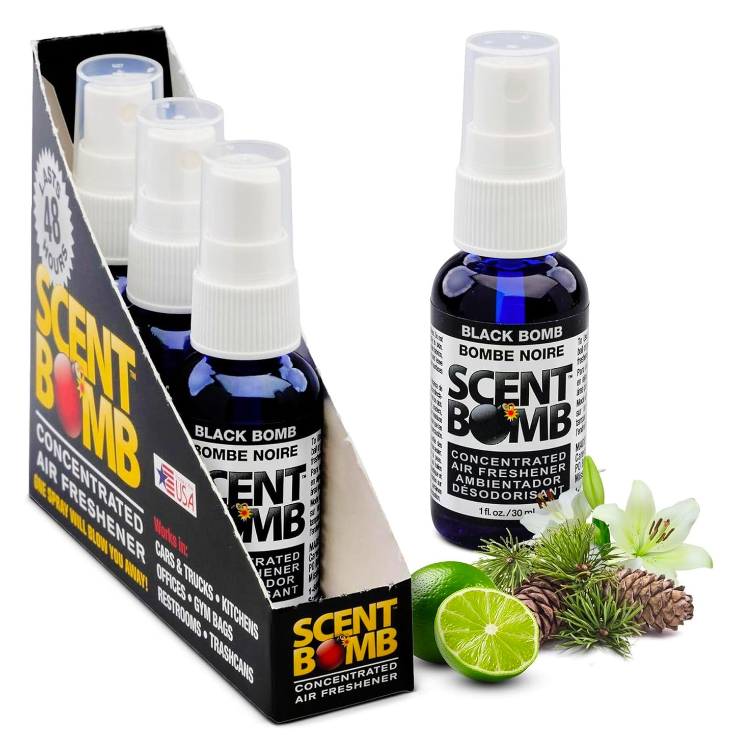 Scent Bomb Air Freshener Spray, Long-Lasting Odor Eliminator - Effective Deodorizer for Home & Car, Fresh Room Spray for Kitchen, Bathroom & Smell Neutralizer - 1 oz Pack of 4, Black Bomb Scent
