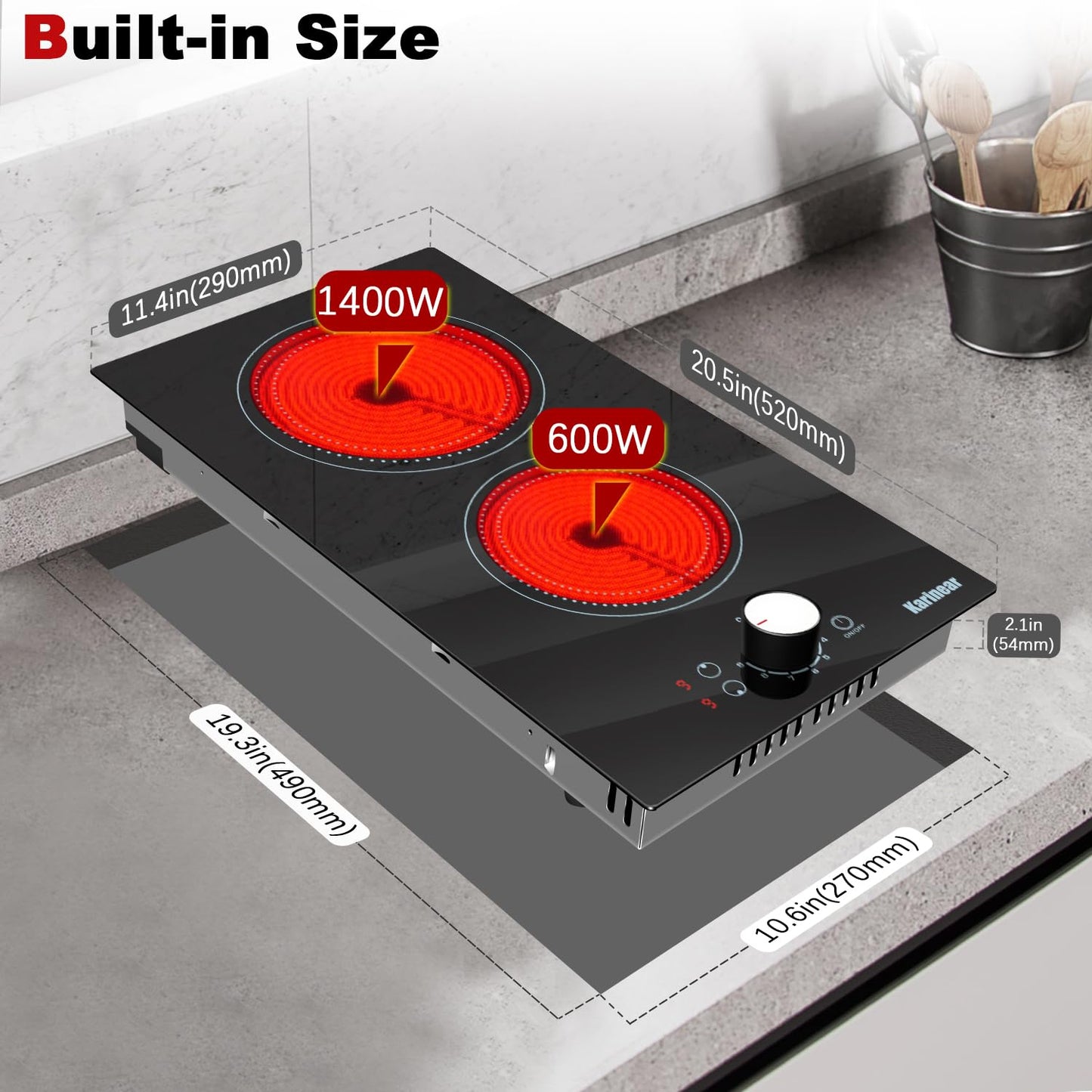 Karinear 110V Electric Cooktop 2 Burners, 19 Inch Electric Stovetop Knob Control, 110v Outlet Plug, Countertop Use or Built-in Radiant Ceramic Cooktop, 9 Power Level