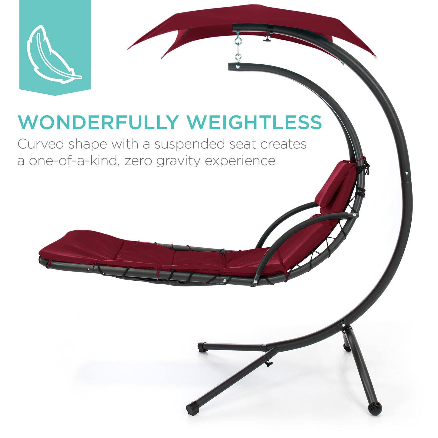 Best Choice Products Outdoor Hanging Curved Steel Chaise Lounge Chair Swing w/Built-in Pillow and Removable Canopy - Burgundy