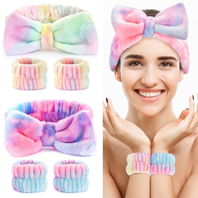 6PCS Spa Headband and Wristband Set for Face Washing, Soft Microfiber Skincare Hairband with Bow, Soft Absorbent Wrist Towels for Women Girls, For Makeup, Facial, Shower, Yoga