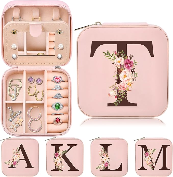 Mom Gifts for Women from Daughter Son, Travel Jewelry Case Box Organizer Personalized Gifts for Mom Wife Women, Gift for Friend Sister Grandma Aunt, Initial T