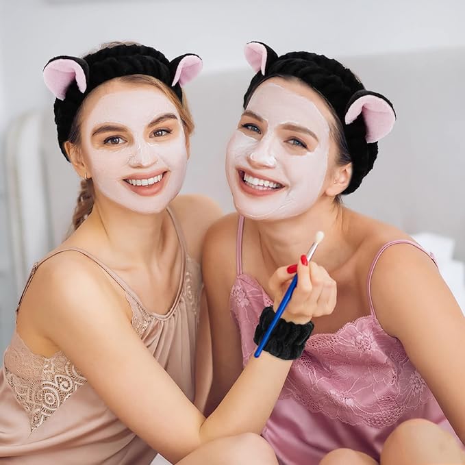 WHAVEL 3PCS Spa Headband and Wristband Set, Cute Cat Ears Headband for Washing Face Makeup Head band(Black)