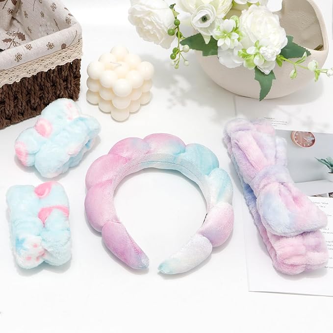 Chanaco Skincare Headband, 4 Pack Gradient Purple Sponge Hair Band for Washing Face, Face Wash Headband with Bow, Spa Headbands for Women, Yoga, Makeup, Shower, Party Favors, Stocking Stuffers