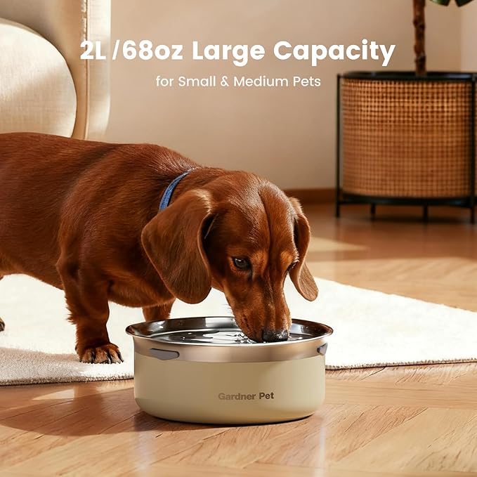Gardner Pet Slow Water Bowl for Dogs, 2L/68oz Spill-Proof Pet Water Bowl with Floating Disk, Stainless Steel No-Spill Water Dispenser for Medium Pets