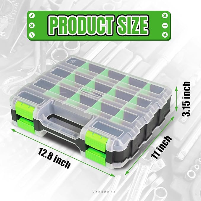 Tool Box with Transparent Lid, Double Side 34-Compartments Organizer Box with Removable Dividers for Hardware, Screws, Bolts, Nails, Beads, Jewelry and Fishing Accessories, Green, 2 Pack