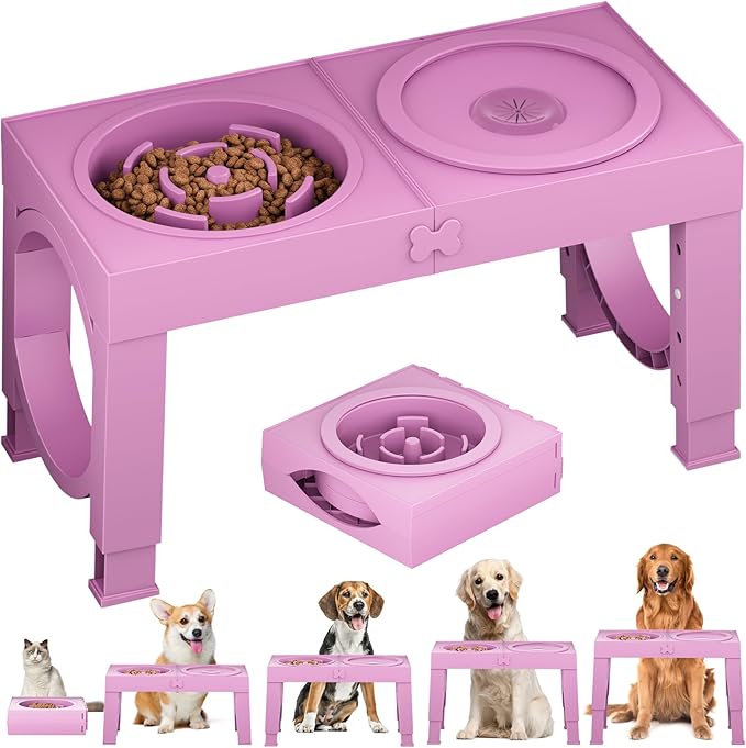 XIAZ Elevated Dog Bowls Large Breed Raised Dogs Bowl Stand Large/Medium Sized Dog Slow Feeder Dogs Bowls Food Water Stands 5 Heights Adjustable 9/11/12/14in Pet Feeder Dish Station