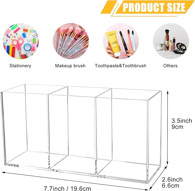 Clear Makeup Brush Organizer,Acrylic Cosmetic Brushes Storage Holder with 3 Slots,Pencil Pen Holder for Desk,Desk Organizer and Accessories for Vanity