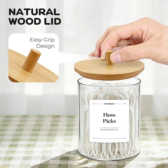 Glass Qtip Holder Dispenser Set - 10oz Cotton Swab Holder with Bamboo Lids, Bathroom Canisters Apothecary Jar Vanity Storage Organizer for Cotton Balls Pads, Floss Picks (4 Pack)