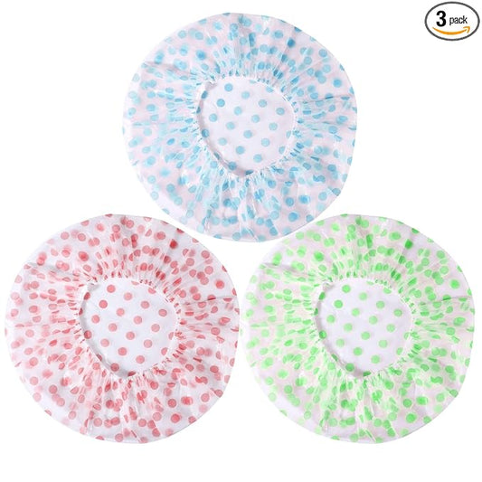 Large Shower Caps, 3 Pcs Waterproof Bath Caps Plastic Reusable Shower Caps Elastic Band Bath Hair Hat for Women Ladies
