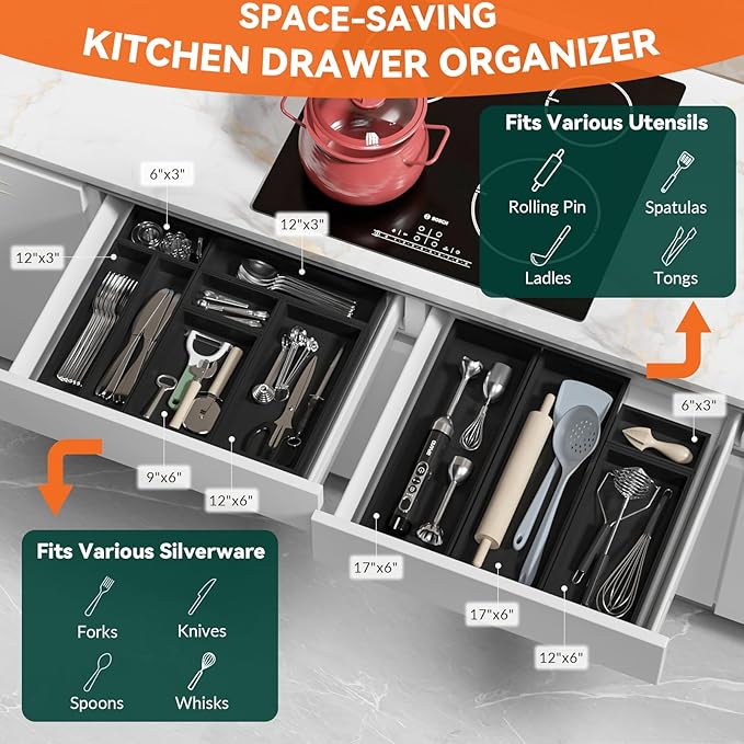Lixple Bamboo Kitchen Drawer Organizer - Set of 2, Stackable Utensil Organizers, Wooden Storage Box Tray for Cabinet, Pantry, Bathroom Countertop, Multi-use Organization and Storage (Black)