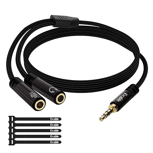 1/8inch Aux Headphone Splitter 2 Way Cable 1FT, 3.5mm 1 Male to 2 Female Mic and Audio Y TRRS Adapter, Compatible with Headset Earphone Switch 2/PS4/PS5 Steam Deck Xbox PC Laptop Phone Tablet Gaming