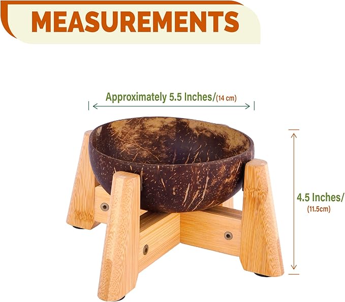 Dog Bowl for Cats and Small Dogs - All-Natural, Polished Coconut Shell Bowl with Wood Stand - Elevated/Raised 5-inch Total Height - Food-Contact Suitable