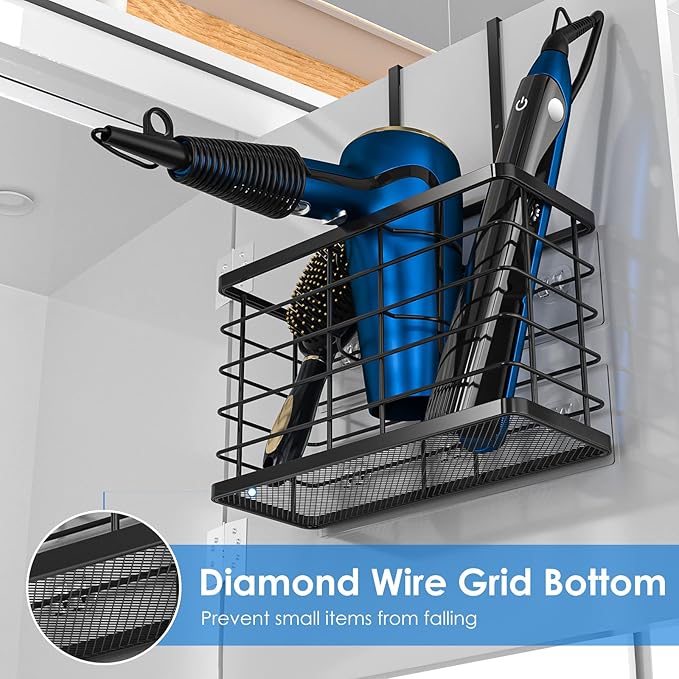 Hair Tool Organizer, Dryer Holder, 3 in 1 Blow Bathroom Organizer Wall Mounted/Cabinet Door for Flat Iron, Curling Straightener, Care & Styling Tools Storage Basket