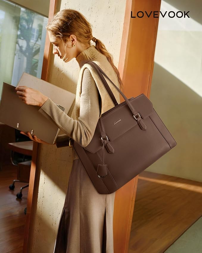 LOVEVOOK Laptop Tote Bag for Women,Computer Work Bag With Large Cup Holder,15.6 Inch Waterproof PU Leather Purse Briefcase for Teacher