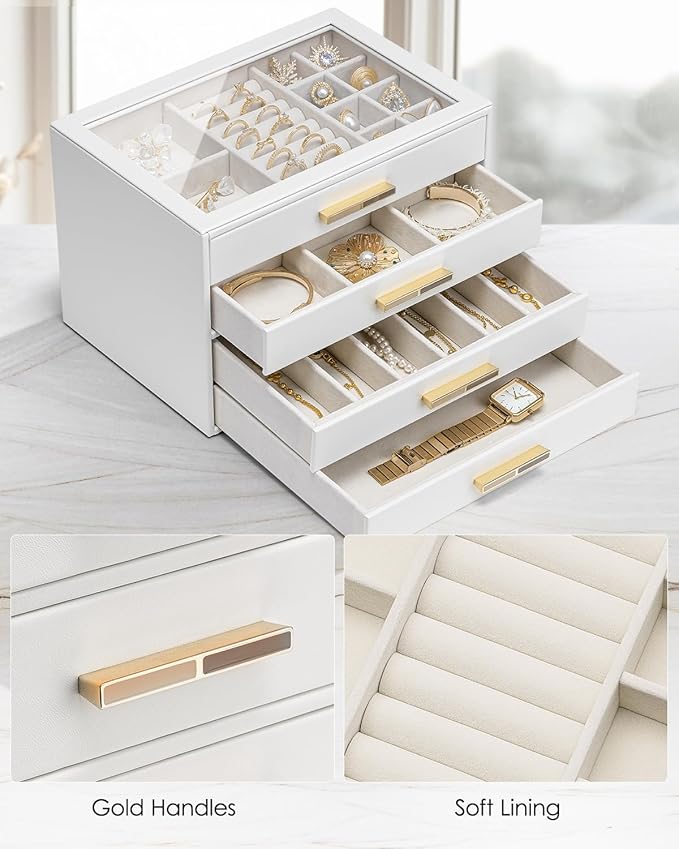 Vlando Jewelry Box for Women, Glass Lid Jewelry Organizer with 4 Drawers for Necklaces Rings Earrings Bracelets Christmas Gift - White