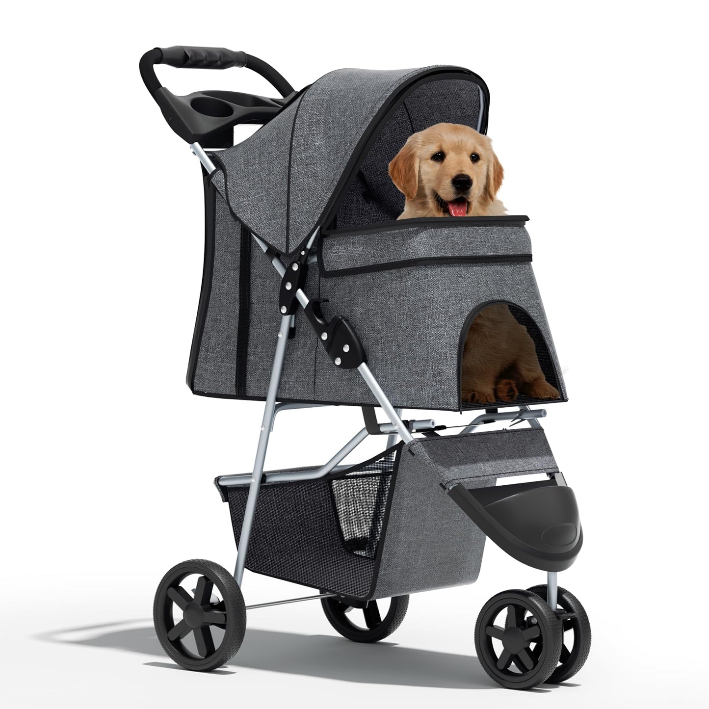 Pet Stroller for Small Dogs 10 lbs, Dog Stroller for Medium Dogs 30 lbs, Cat Strollers for 2 Cats, 3 Wheels Foldable Jogger Puppy Stroller with Storage Basket and Cup Holder, Grey