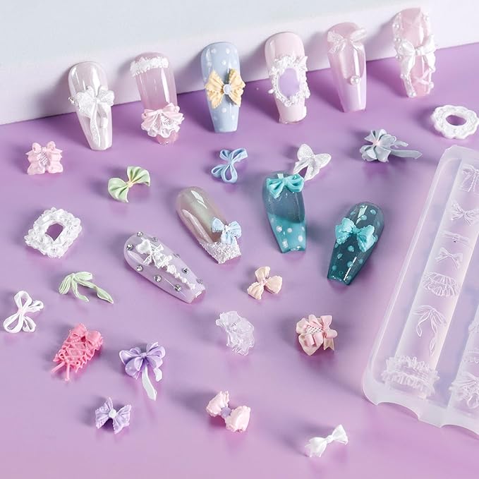 Laza 4pcs Silk Bowknot Silicone Nail Art Molds, Acrylic 3D Bowknot Nail Charms Molds Clear Modeling Templates Silicone Bow Pattern Nail Tools with Sculpture Pen for Salon Nail Design Resin Epoxy DIY