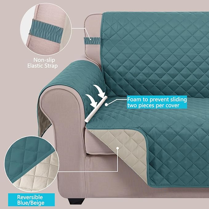 U-NICE HOME Recliner Chair Covers Reversible Chair Cover Pet Covers for Dogs with Elastic Straps Water Resistant Diamond Quilted (28''Recliner Oversized, Blue/Beige)