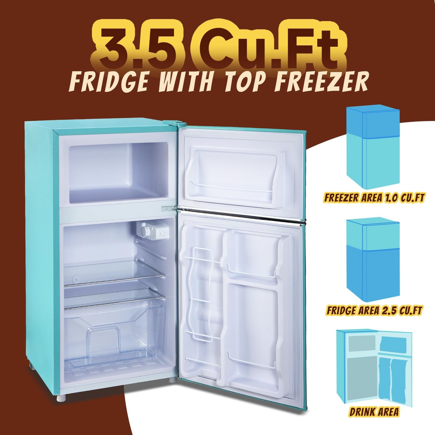 TACOOL Small Fridge with Freezer Mini Refrigerator Double door Removable Glass Shelves 7 Temp Gear Detachable Handle Blue