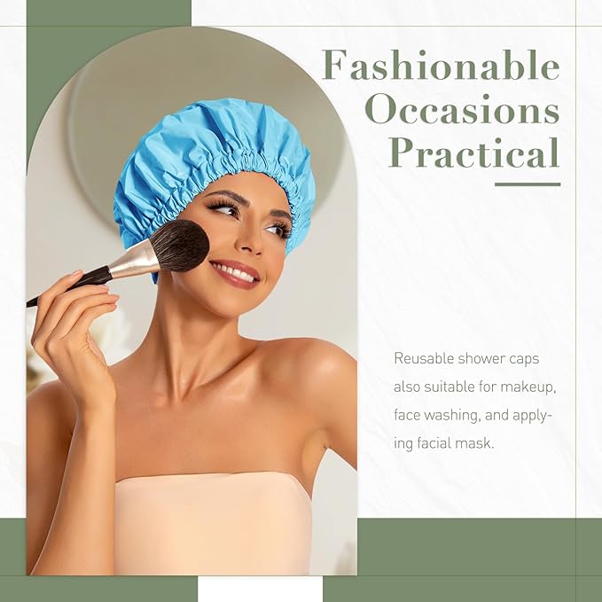 Reusable Shower Cap for Women, Large Waterproof Shower Bonnet with Elastic Band, Washable Bath Hair Cap for Long, Curly Hair, Braids, Daily Shower, Home Spa, Travel(Lake Blue)