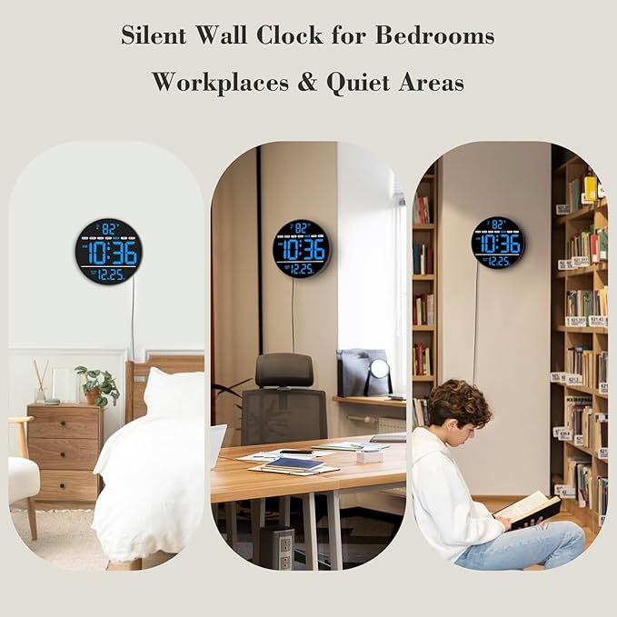WallarGe Large Digital Wall Clock with LED Display, Electric Wall Clock with Temperature, Auto DST, Date, and Day, 5-Level Brightness for Office, Bedroom, Living Room, Classroom Décor