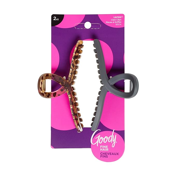 Goody SlideProof Ribbon Claw Clips - 2 Ct, Black & Tortoise Shell, Secure Grip Loop Hair Styling Accessories for Women & Men, for Thin & Fine Hair