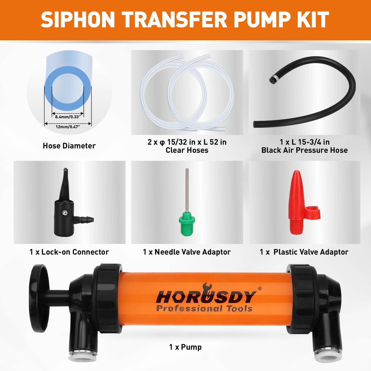 HORUSDY Multi-Use Siphon Transfer Pump Kit Hand Fuel Pumps for Gas Oil Water with Air Hose, Portable Manual Fuel Transfer Pump for Boat, Car, RV, Emergency, Lawn Mower Fluid Drainage