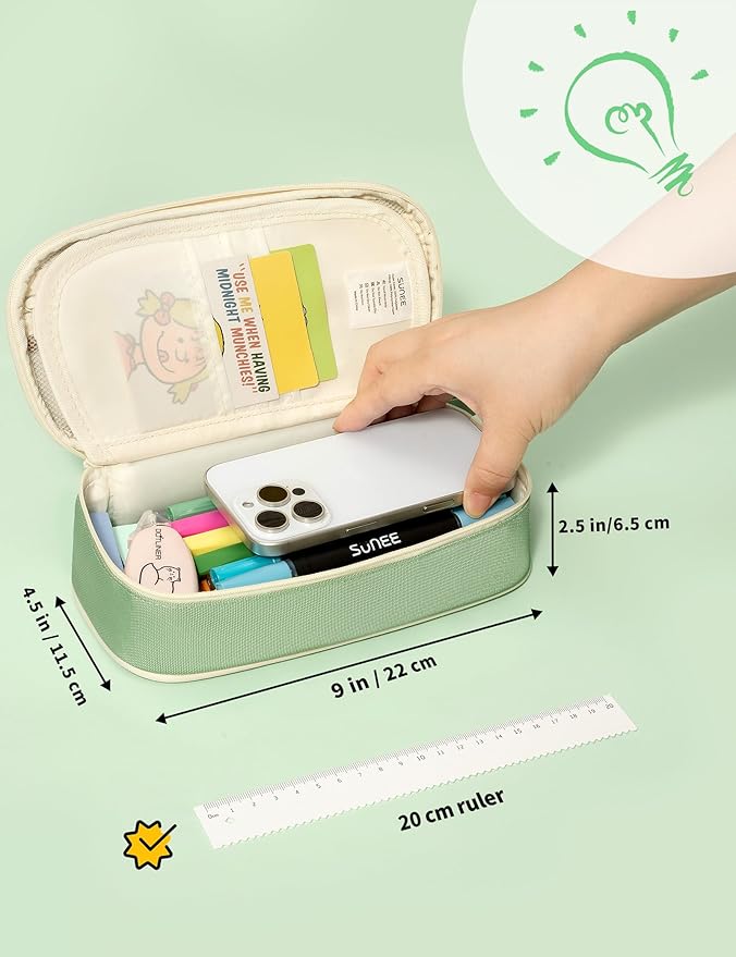 SUNEE Cute Pencil Case, Large Pencil Pouch, Aesthetic Big Pencil Bag with Zipper, Kawaii Stationery Storage and Organizer, School Supplies for Boys and Girls Teen, Heavy Duty Oxford Canvas, Sage Green
