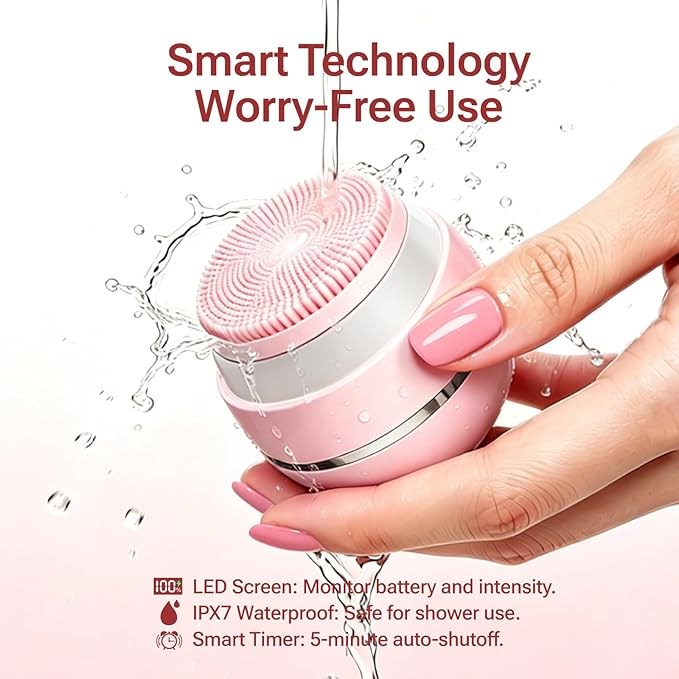 Electric Face Scrubber & Silicone Facial Cleansing Brush - Waterproof Sonic Face Brush Exfoliator with LED Screen, 3 Beauty Light Modes, Rechargeable Face Wash Brush for Deep Cleaning & Massage-Pink