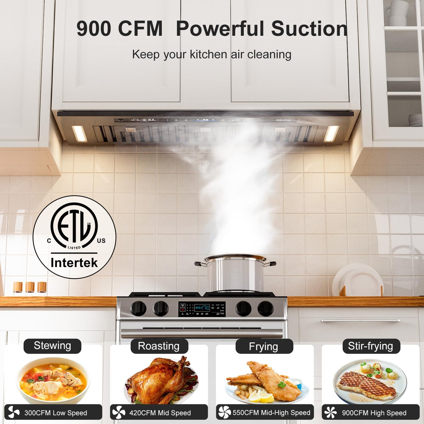 BRANO Range Hood Insert 36 Inch, 900 CFM Voice/Gesture/Touch Control Build-in Kitchen Hood Vent with 4 Speed Exhaust Fan, Memory Mode, Adjustable Lights, Ducted/Ductless Convertible
