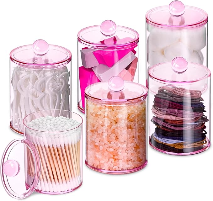 XIPENGKEJI 6 Pack Qtip Holder,Canister Apothecary Jar Set, Bathroom Jars with Lids Set for Cotton Swabs, Balls, Pads, Floss Picks,10oz-12oz Plastic Canisters Restroom Bedroom Vanity Organizer(Pink)