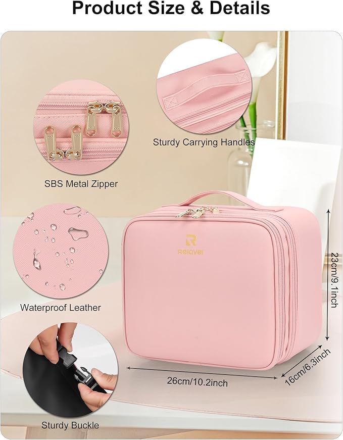Relavel Makeup Bag with LED Mirror, Small Travel Makeup Case with Rechargeable Lighted Mirror 3 Color Lights, Double Layer Cosmetic Box Makeup Brush Lipstick Holder Organizer for Women, Pink
