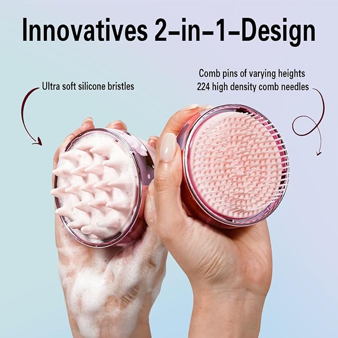 Unique 2-in-1 Design Wet & Dry Scalp Massager Shampoo Bath Brush for Hair Growth & Dandruff Removal, Hair Scrubber with Soft Silicone Bristles, Scalp Exfoliator for Scalp Care (Pink). Christmas Gift.