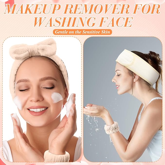 16 Pcs Skin Care Headband Set 2 Spa Headband 1 Plush Sleep Eye Mask 4 Skin Care Wristbands 5 Velvet Scrunchies 1 Claw Clip 2 Bangs Clip 1 Cosmetic Bag for Valentine Galentine Spa Gift(Khaki)