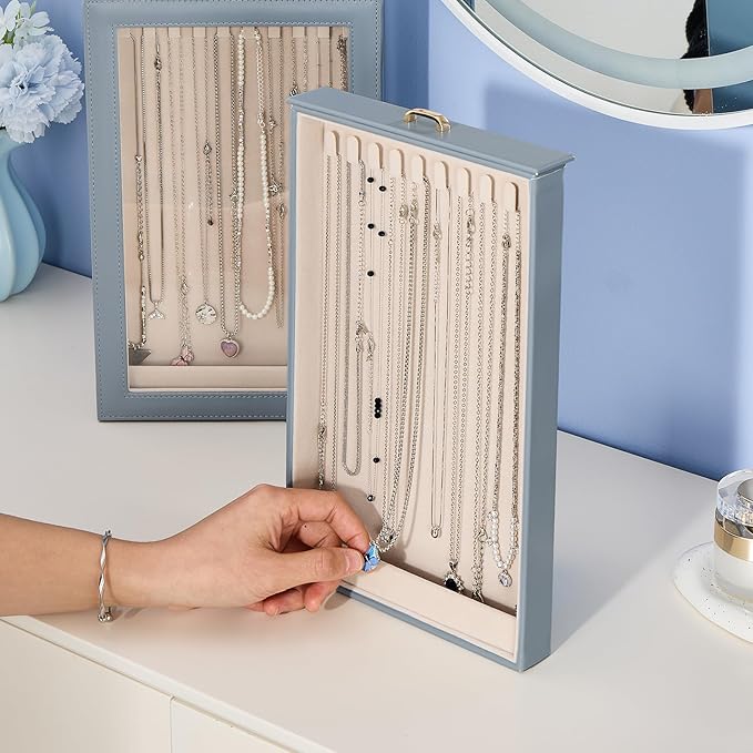 Lolalet Necklace Organizer Box, Jewelry Storage Box with Clear Window for Necklaces Bracelets, Tangle-Free Necklace Display Case for Women Girls -Dusty Blue, 2 Layers 20 Hooks