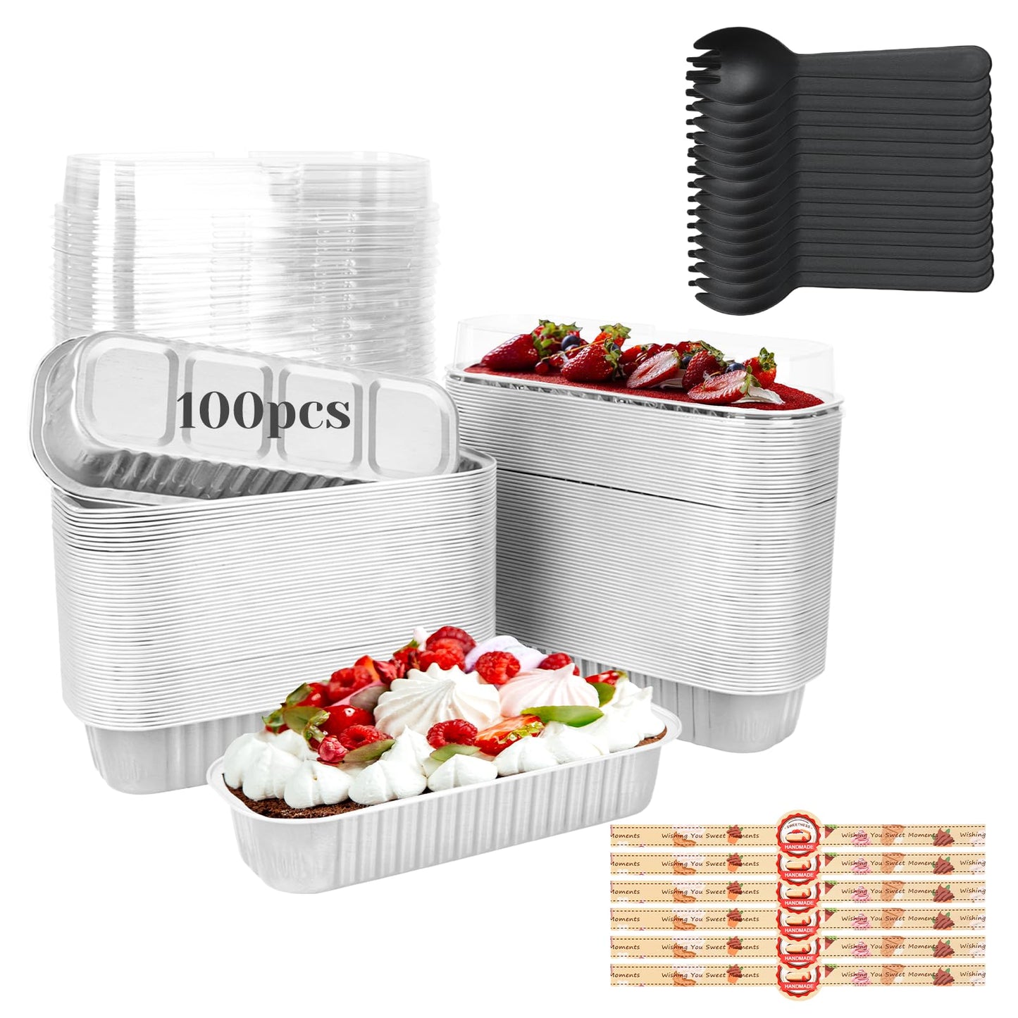 YQER 100 Pack Mini Loaf Pans with Lids, Spoons & Stickers – Disposable Aluminum Foil Baking Cake Containers for Oven, Air Fryer & Freezer – Ideal for Cakes, Bread, Pudding, Parties & Gifting, Sliver