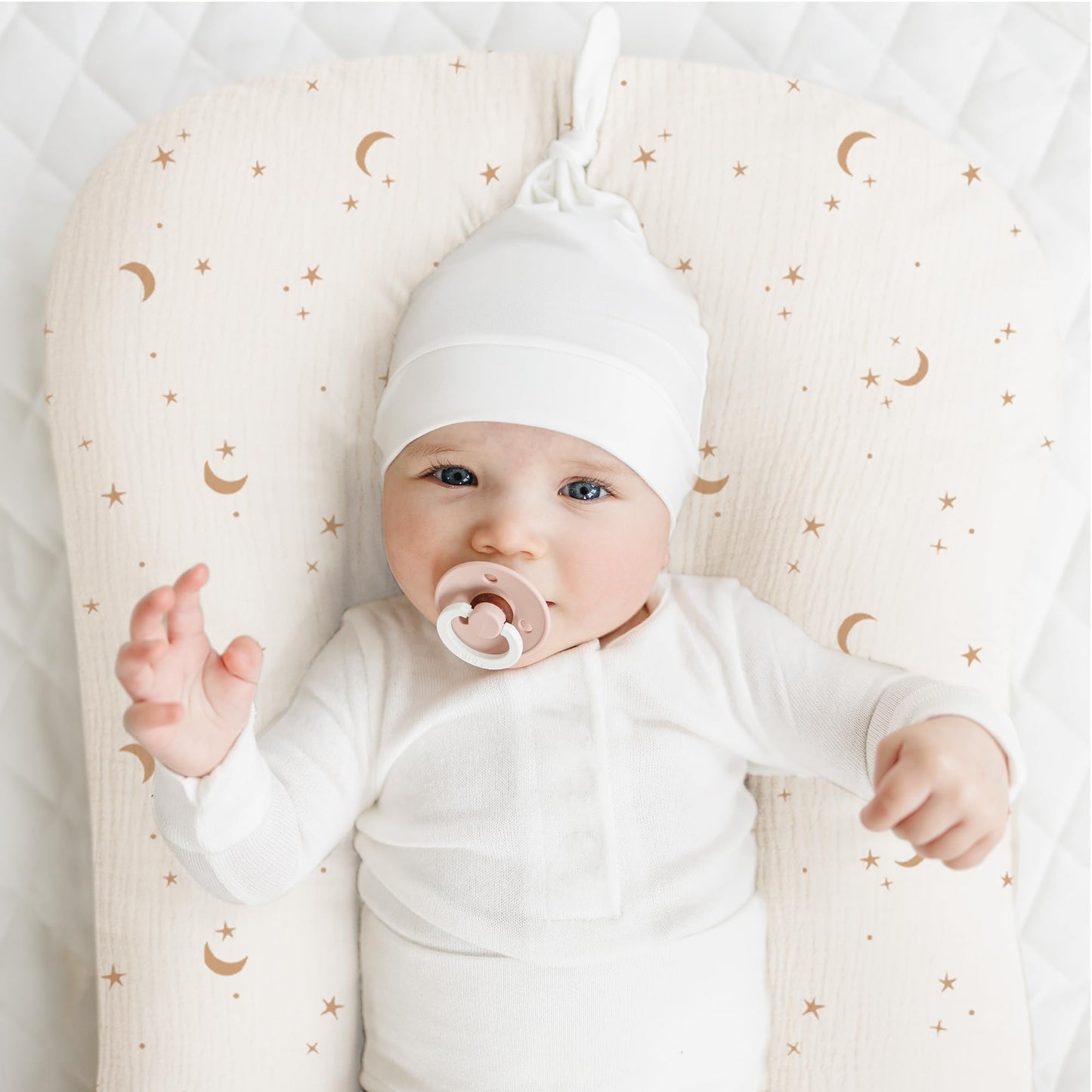 Konssy Muslin Baby Lounger Cover 2 Pack, 100% Cotton Newborn Lounger Cover, Soft and Breathable Lounger Slipcover for Boys Girls, Covers Only (Wheat,Moon)