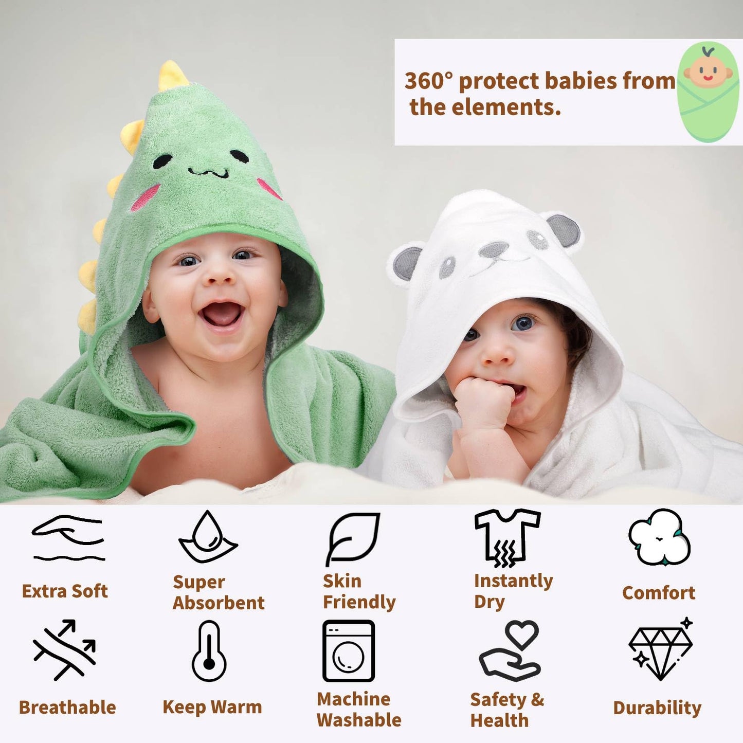 CandyHome 12 PCS Baby Bath Towels Set for Infants Toddlers, 4 PCS Animal Hooded Baby Towels & 8 PCS Washcloths Set, Ultra Absorbent Cute Soft Newborn Bath Essentials Gifts for Boys & Girls