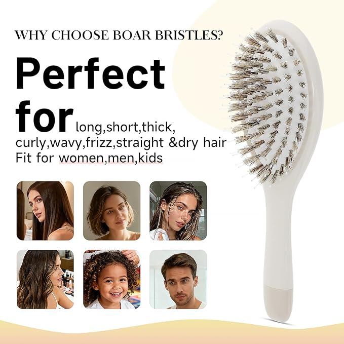 Boar Bristle Hair Brush -boar bristles + nylon pinsÃ¯Â¼Â Smoothes & Detangles All Hair Types, Hairbrush for Women, Men & Kids, Distributes Oils for Natural Shine & Stimulates Scalp