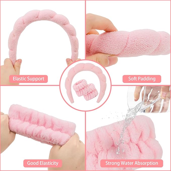 Casoty Spa Headband with Wristband Set, Pink Terry Cloth Non-Slip Hairband Soft Stretchy Skincare Makeup Headwear for Washing Face Yoga Daily Women Girls
